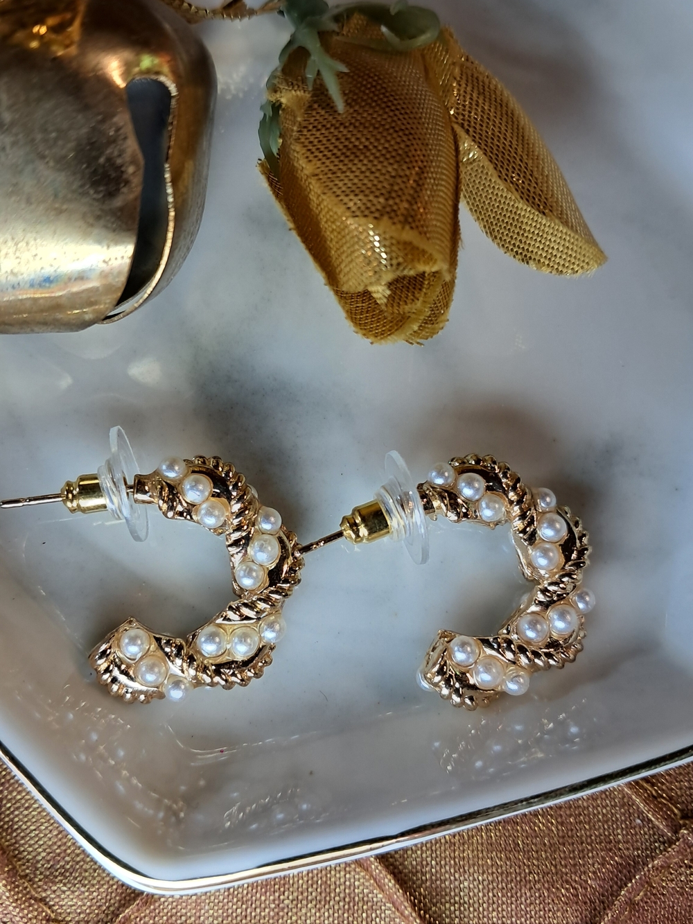 Vintage Twisted Faux Pearl Hoop Earrings (Goldtone) - Picture 2 of 4